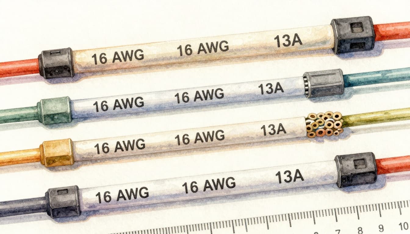 Close-up of extension cord labels showing amp ratings like 13A and AWG gauges such as 16 to 12, next to three wire cross-sections on a workshop table with ruler for scale, in watercolor style with warm earth tones.