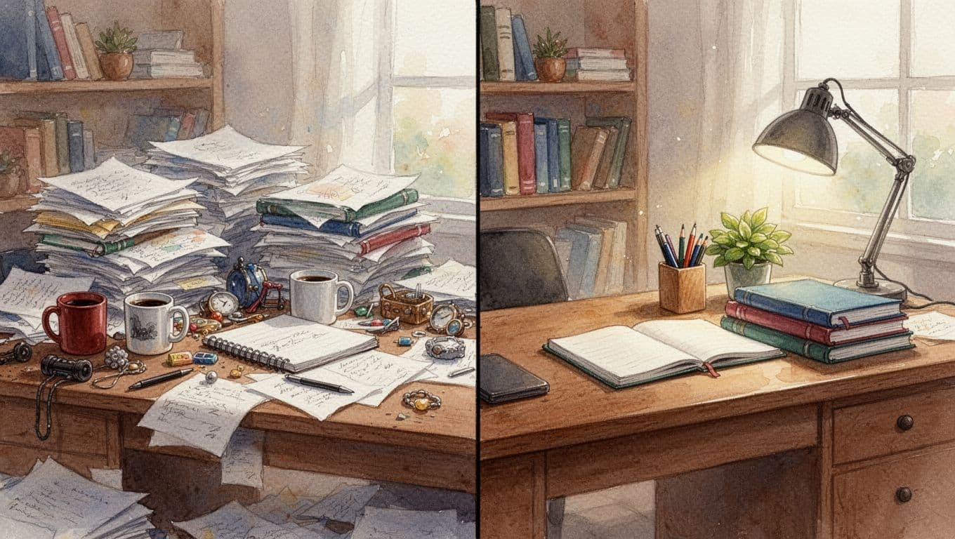 Watercolor illustration of a cluttered wooden desk on the left transitioning to a tidy organized workspace on the right, in a cozy sunlit home office with bookshelves.