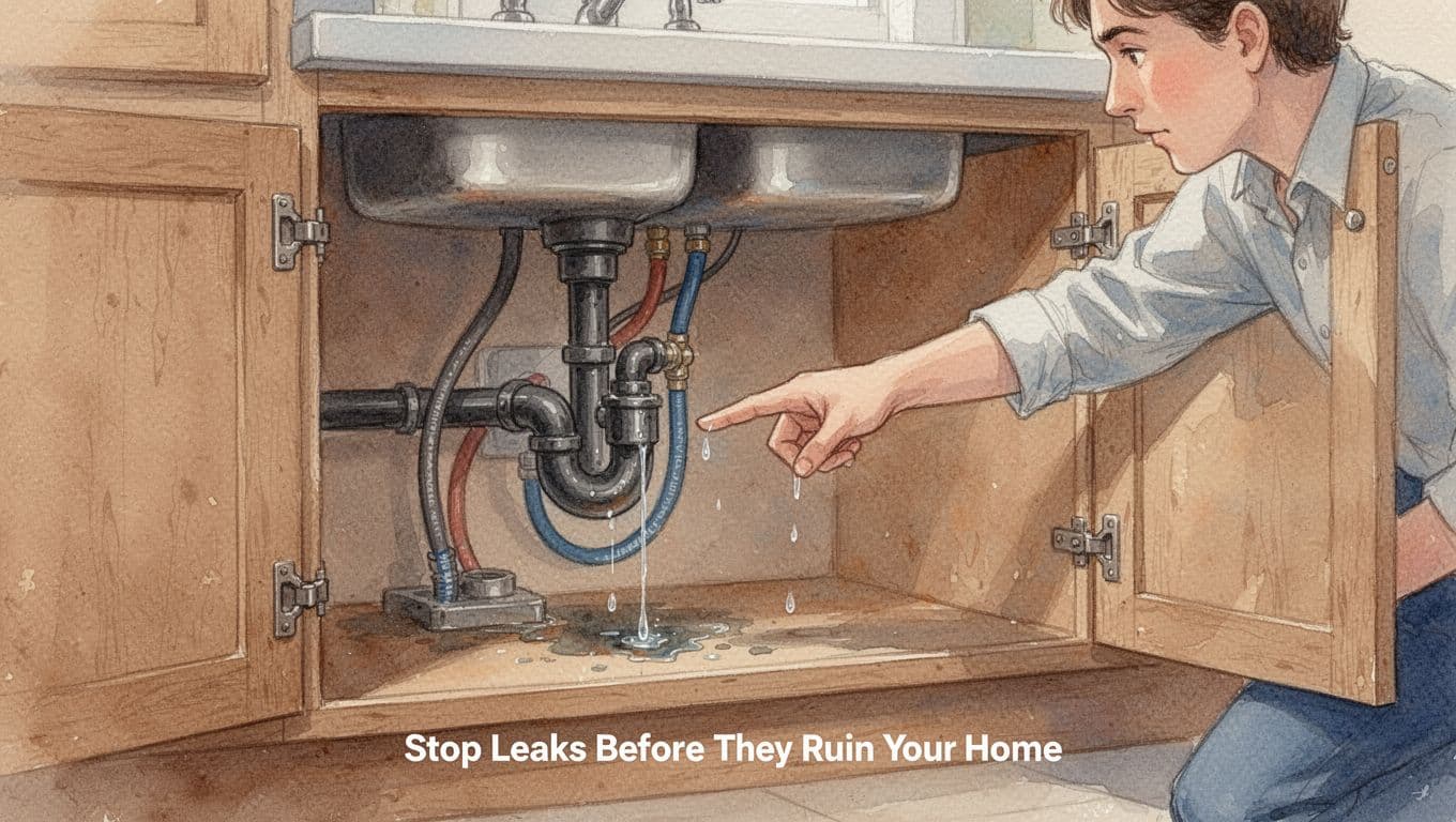 Close-up of a person checking under a kitchen sink for leaks, cabinet open with visible pipes and hoses, hand pointing to a drip, in watercolor style with warm earth tones.