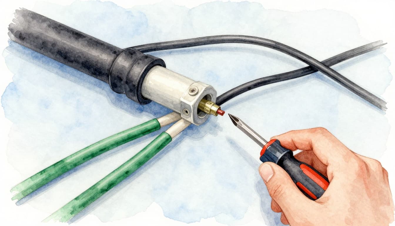 Watercolor illustration in soft blending style showing close-up of electrical wires connected for a light fixture: black to black, white to white, green ground wires twisted with wire nut, tools nearby on neutral surface.