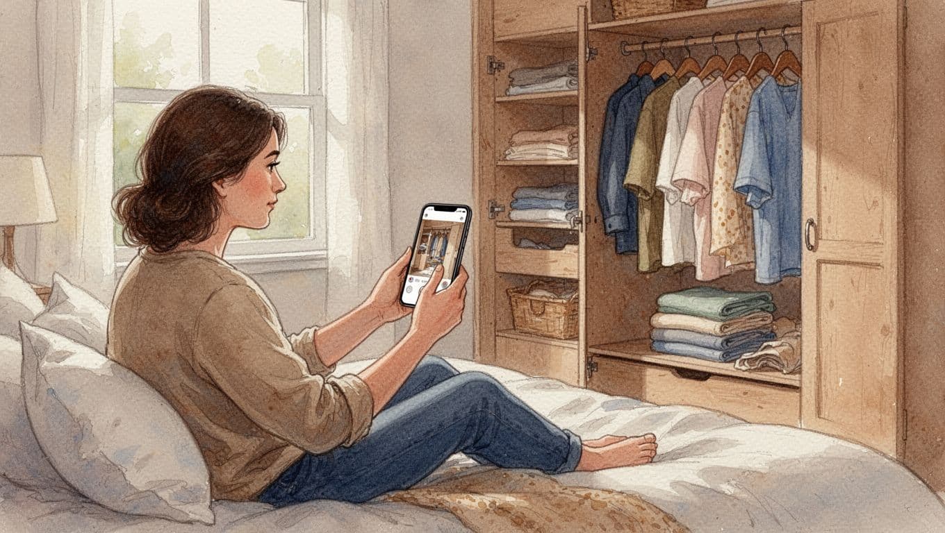 A relaxed person sits on a bed in a cozy bedroom, using a smartphone to scan and photograph neatly folded natural fabric clothes in a nearby open wardrobe closet, illuminated by soft natural window light. Watercolor style with warm earth tones, soft blending, and visible brush textures.