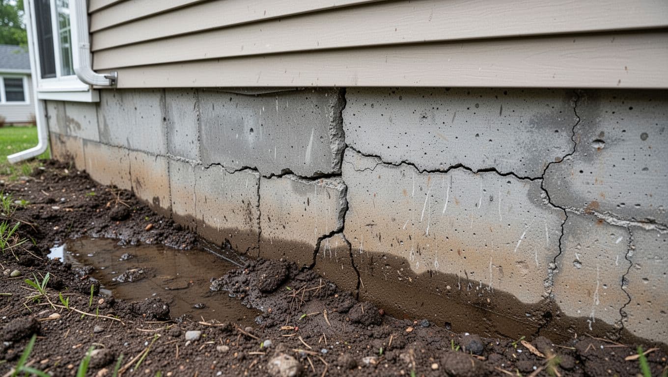 Home foundation wall with visible cracks in concrete, exterior basement area with damp soil nearby, natural outdoor lighting, realistic photo style, focus on cracks.