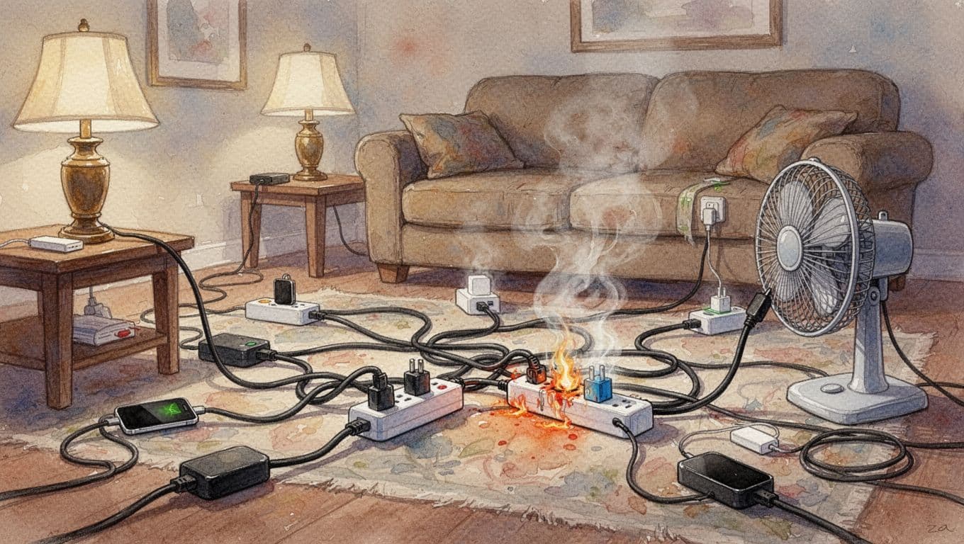 Multiple extension cords daisy-chained on a cluttered living room floor with lamps, chargers, and fan plugged in, subtle smoke rising from overheating connections, in watercolor style with warm earth tones.