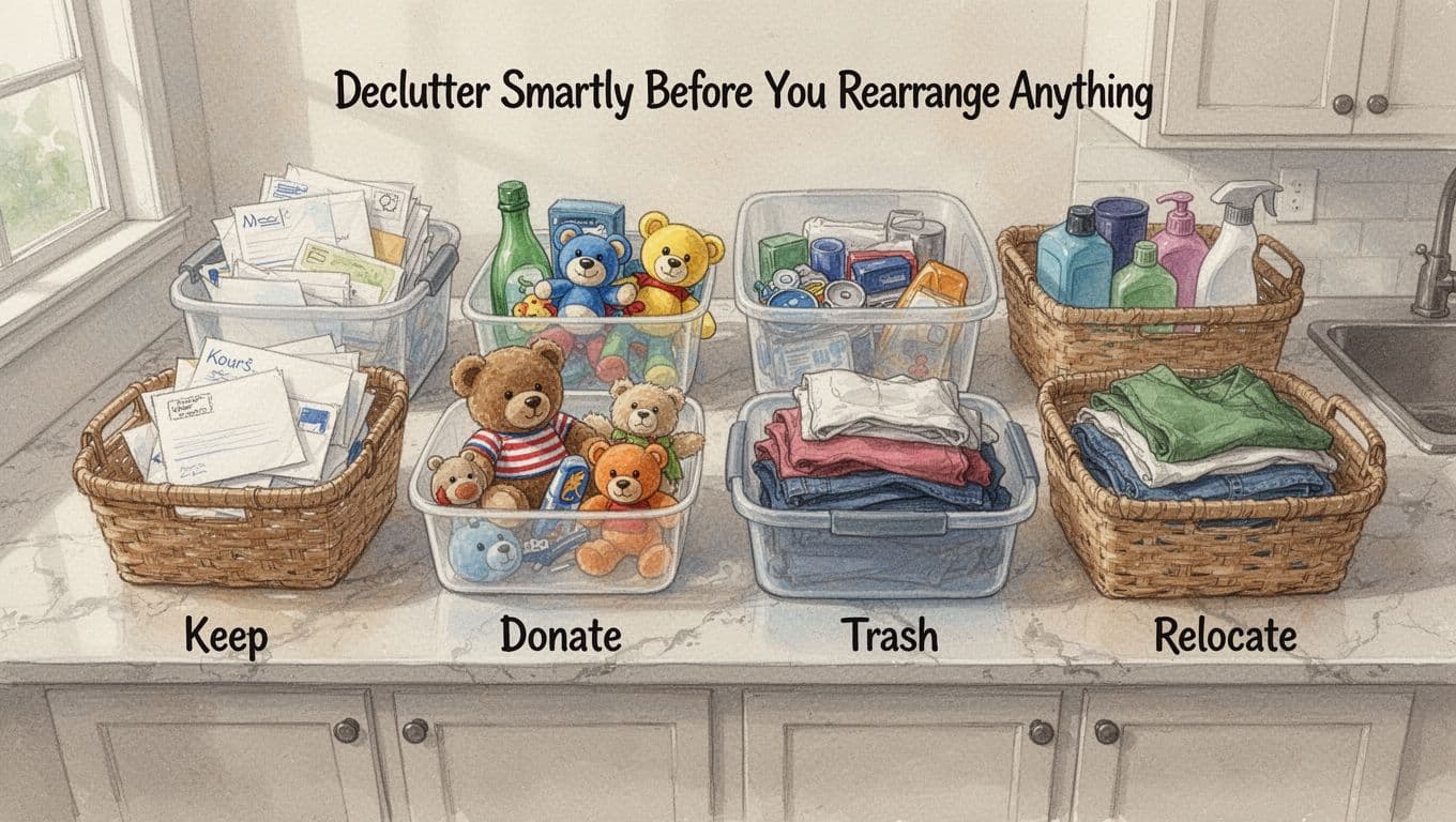 Cozy kitchen counter featuring sorted piles of household items like mail, toys, and clothes organized into keep, donate, trash, and relocate baskets crafted from household containers, depicted in watercolor style from an above angle with soft natural light.
