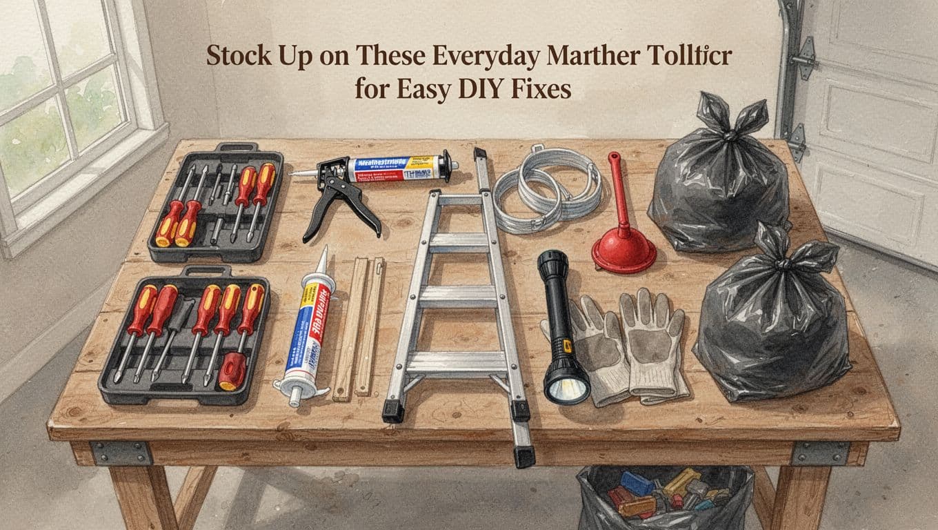 Essential home maintenance tools including screwdriver set, caulk gun, weatherstripping, ladder, flashlight, plunger, gloves, and trash bags arranged neatly on a wooden workbench in a garage. Watercolor style with soft blending, visible brush texture, muted earth tones, and soft natural daylight.