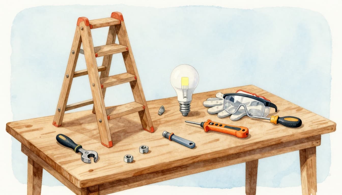 Watercolor style illustration featuring essential tools for light replacement on a wooden workbench, including a folded stepladder, work gloves, safety goggles, voltage tester, screwdriver set, new LED bulb, and wire nuts. Soft blending, visible brush texture, neutral earthy palette, pale blue background, natural indoor lighting, no people or text.