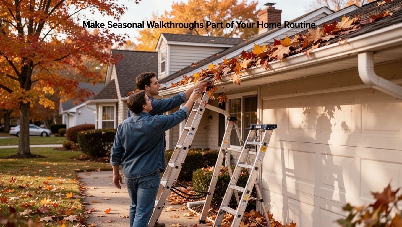 A homeowner performs a seasonal walkthrough around a suburban house exterior in crisp autumn daylight, checking gutters filled with leaves with a ladder nearby, realistic photo style focusing on roof edge and gutters.