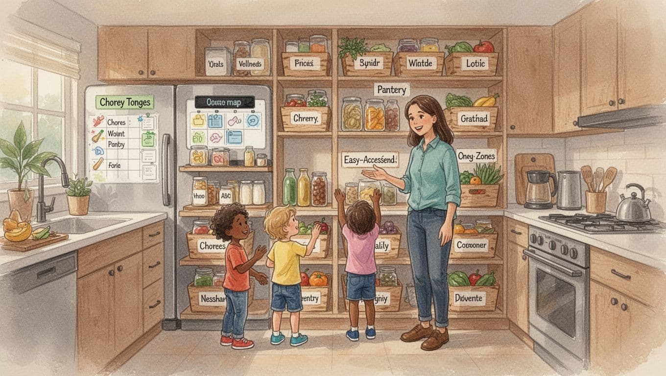 Watercolor illustration of a cozy family kitchen featuring labeled pantry zones with wooden bins, a digital chore map on the fridge, and two kids reaching easy-access shelves under warm lighting and organized counters.