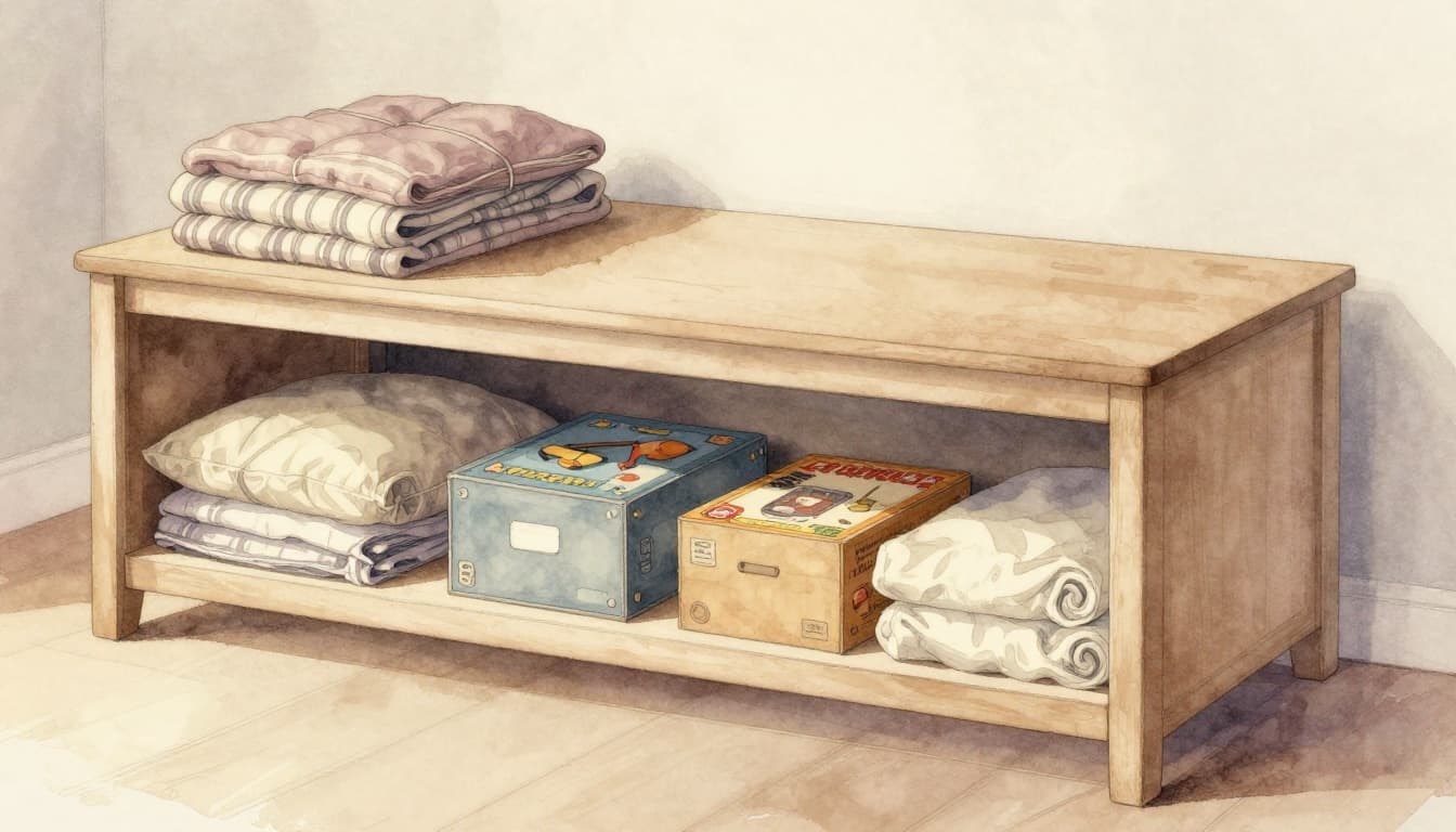 Living room watercolor illustration showing an open ottoman with stored blankets, games, and cushions, next to a bed frame revealing under-bed linens and boxes in soft evening light.