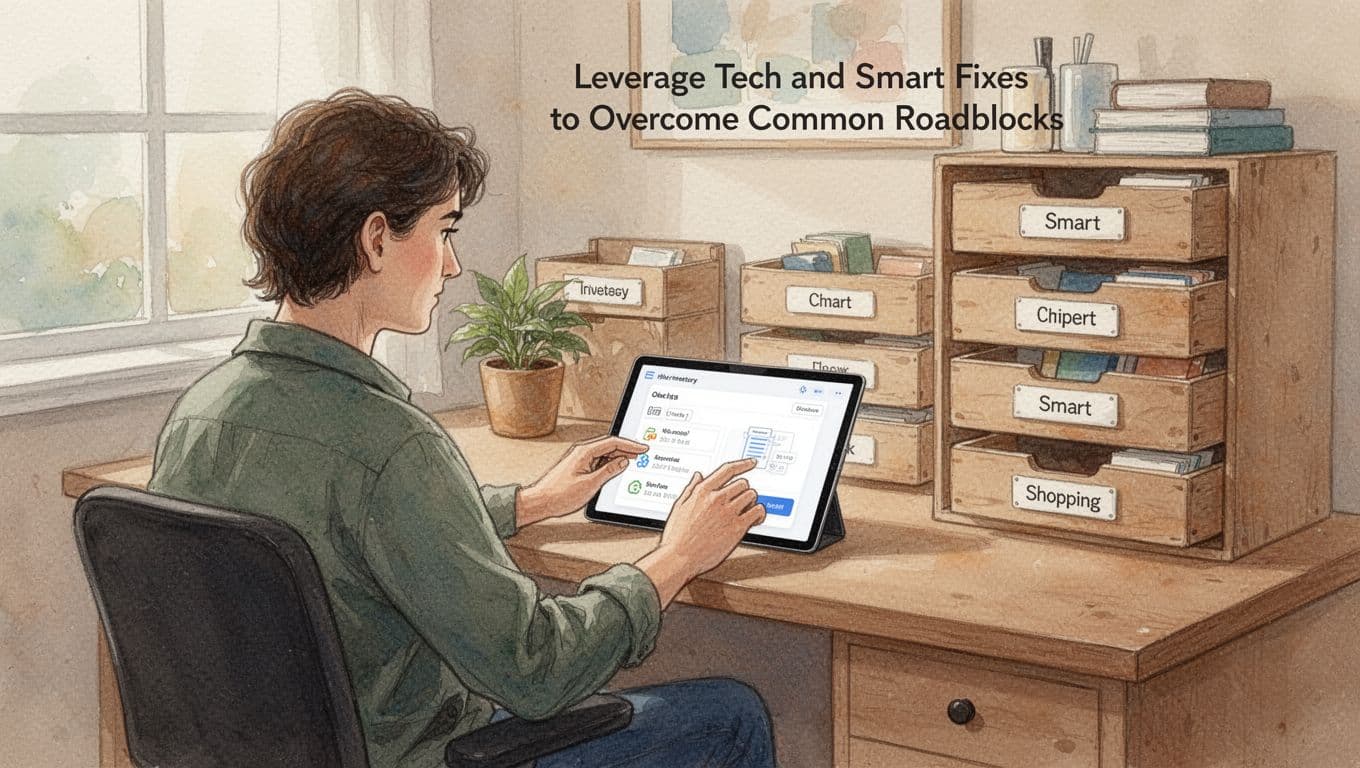 Person at desk using tablet app for home inventory check before shopping, surrounded by organized drawers with smart labels in a cozy office nook.