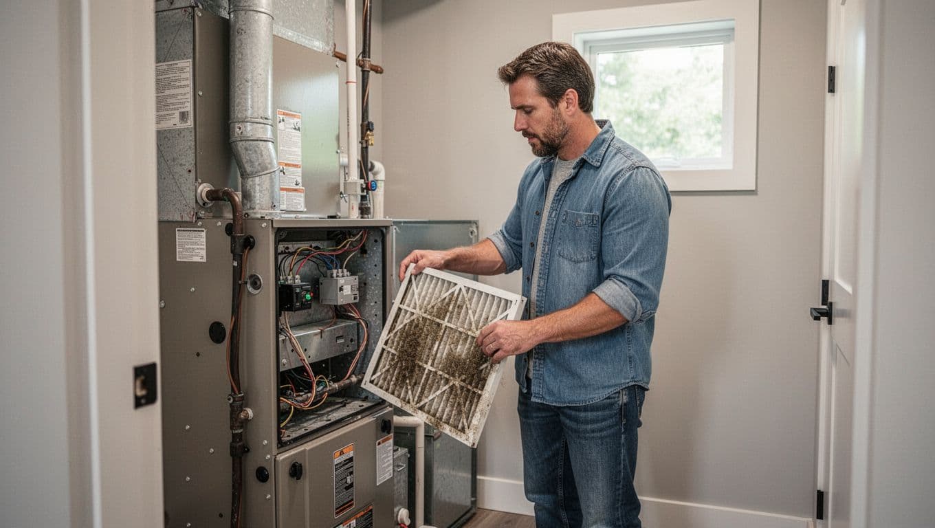 A homeowner in casual clothes stands in a modern home utility room, holding a dirty air filter in front of an open furnace during a routine HVAC maintenance check, illuminated by natural daylight from a small window.