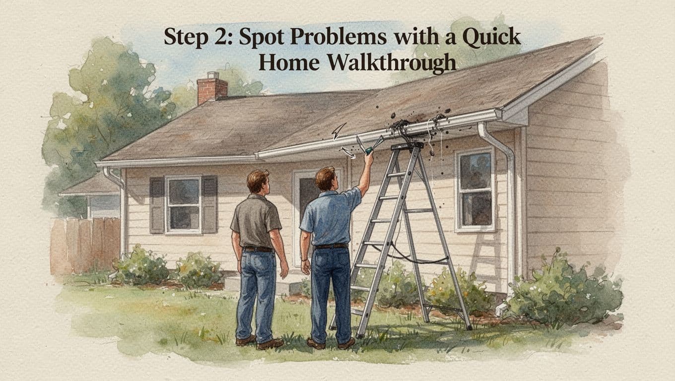 A homeowner performs a quick exterior walkthrough, checking gutters and siding with a ladder nearby in the front yard on a sunny day, shown from the back in watercolor style with soft blending and muted earth tones.