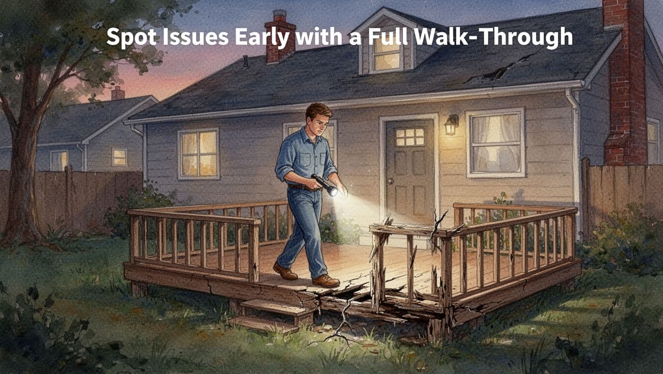 Homeowner walking through backyard at dusk, using a flashlight to inspect deck for cracks and rot, suburban house in background, watercolor style with warm earth tones.