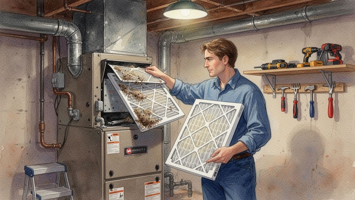Homeowner removing dirty air filter from HVAC furnace in basement utility room, holding new filter nearby, watercolor style with warm earth tones and soft lighting.