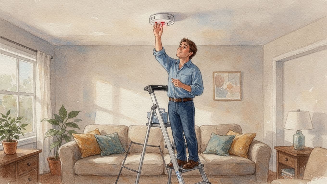 Homeowner standing on a step ladder in a cozy living room, pressing test button on ceiling smoke detector, watercolor style with soft blending and warm earth tones.