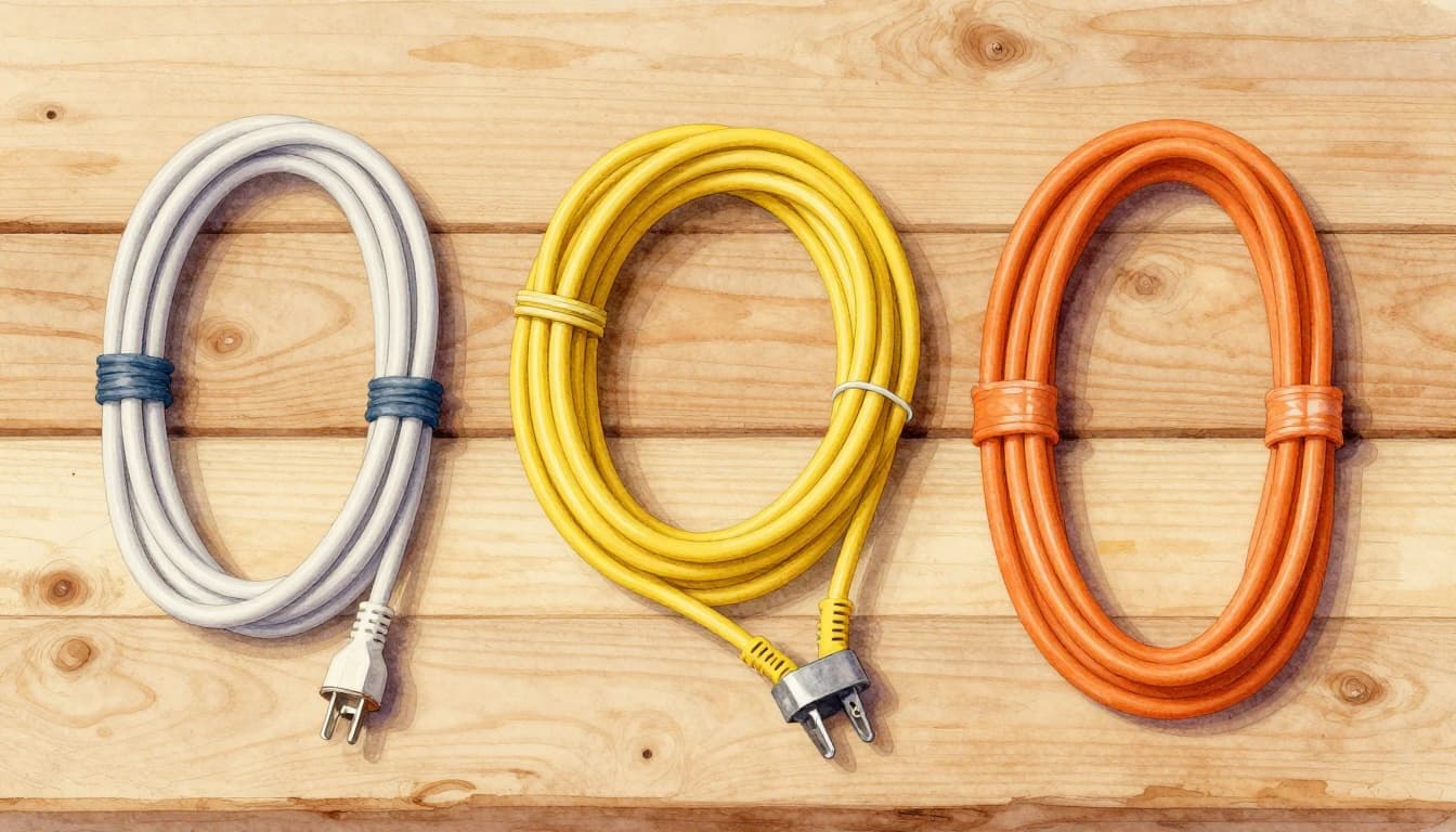 Assortment of three extension cords on a wooden workbench: thin white indoor cord, coiled yellow outdoor weatherproof cord, and thick orange heavy-duty cord, rendered in watercolor style with warm earth tones and soft shadows.