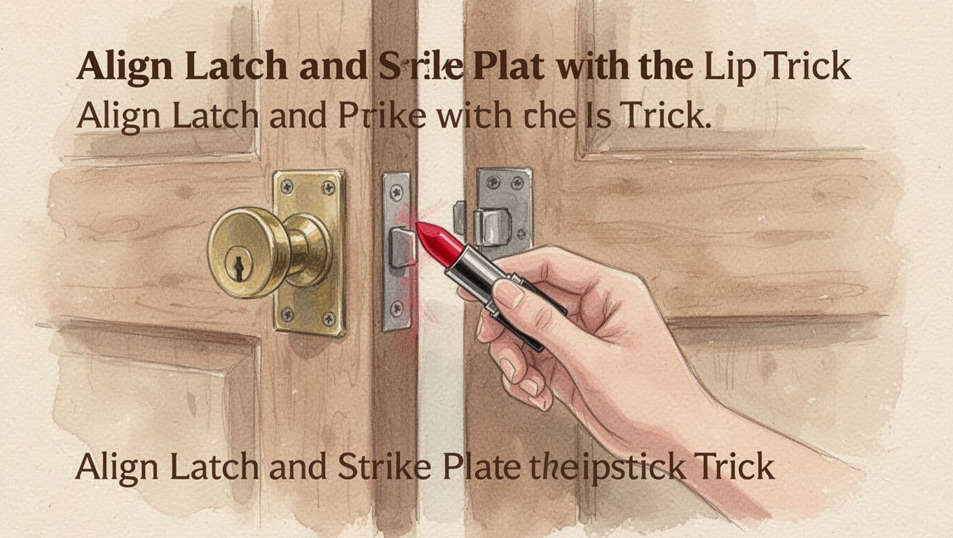 Close-up of a hand applying red lipstick to a door latch bevel on a partially open wooden door, with the strike plate visible on the frame, demonstrating the lipstick test for alignment in a cozy home interior.