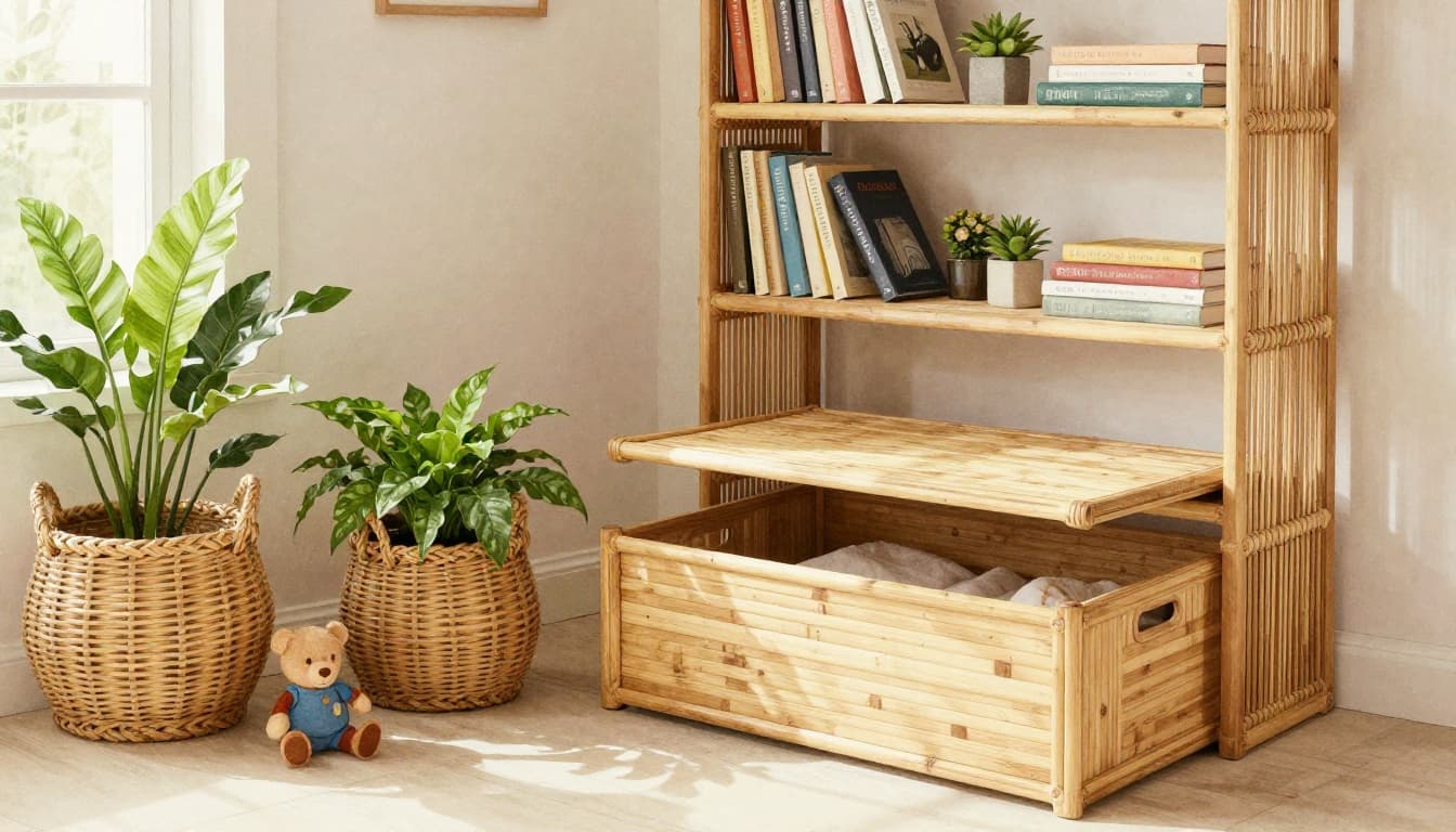 Living room corner with rattan shelves displaying books and plants, seagrass bins on floor holding toys, open bamboo storage ottoman revealing blankets. Watercolor style with soft blending, visible brush texture, warm earth tones, natural textures, soft afternoon light.