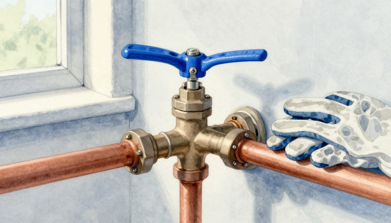 Close-up of a lever-style ball valve shutoff on a copper water pipe mounted on a garage wall, blue handle turned perpendicular indicating off position, with adjustable wrench and work gloves nearby, in watercolor style.