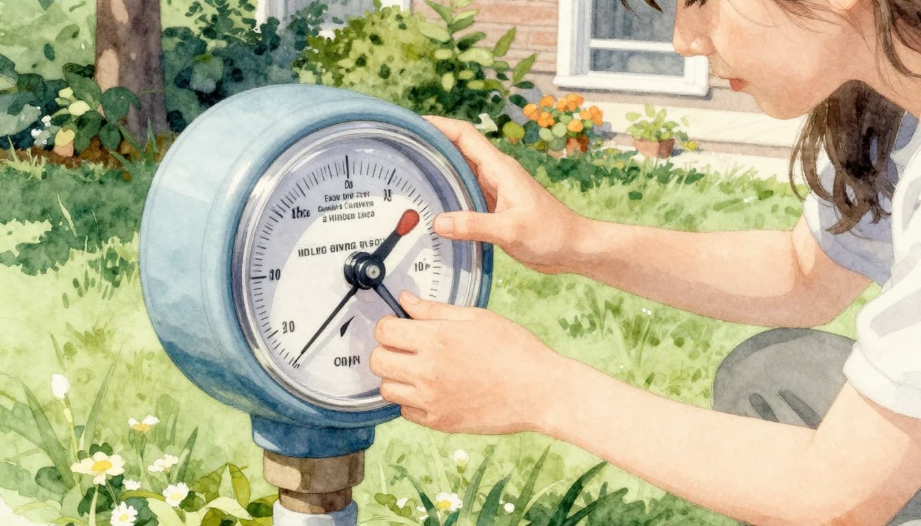 Watercolor style image with soft brush strokes showing a person kneeling to read the water meter dial outside a house on a sunny day in a backyard setting, focusing on the meter close-up with pale blue-green tones.