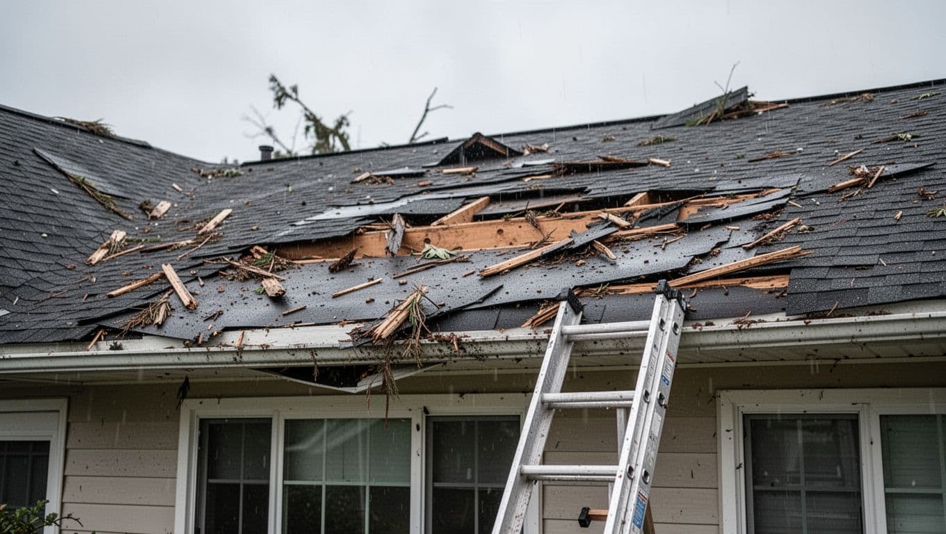 Close-up of home roof damage after a storm, featuring missing shingles and debris, viewed from ground level with a ladder leaning against the house under an overcast sky.
