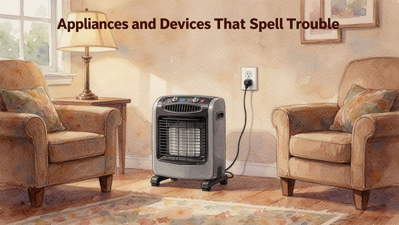 Watercolor illustration of a portable space heater plugged directly into a wall outlet in a cozy living room with armchair and lamp, featuring warm earth tones, soft blending, and visible brush texture for a safe appliance setup.