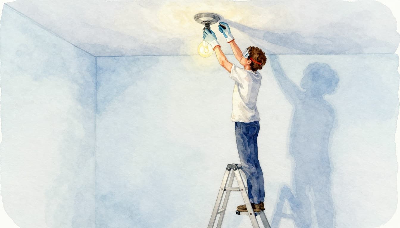 Watercolor-style illustration of a person safely standing on a stable stepladder to change a light bulb in a kitchen ceiling fixture, wearing gloves and goggles, emphasizing proper safety posture.