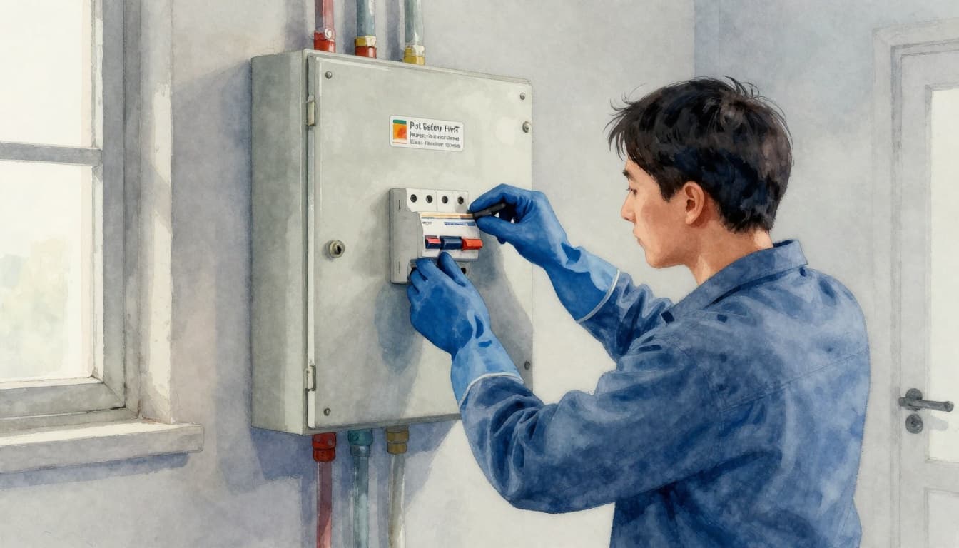 One person in rubber gloves stands before an open electrical breaker panel in a home utility room, carefully flipping a switch to OFF, in watercolor style with soft indoor lighting and muted blues and grays.