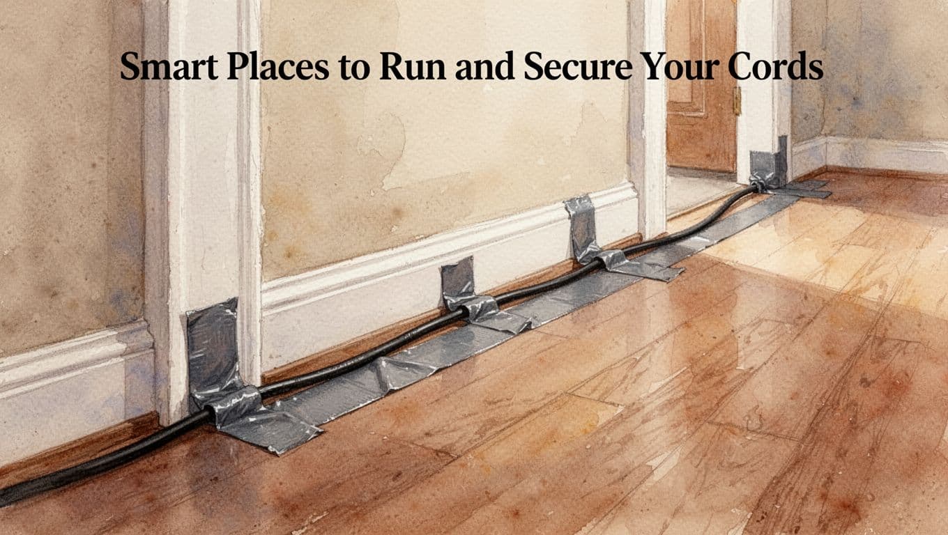 Extension cord neatly taped down along baseboard in a home hallway, secured with gray duct tape in watercolor style with soft blending, warm earth tones, and visible brush texture.