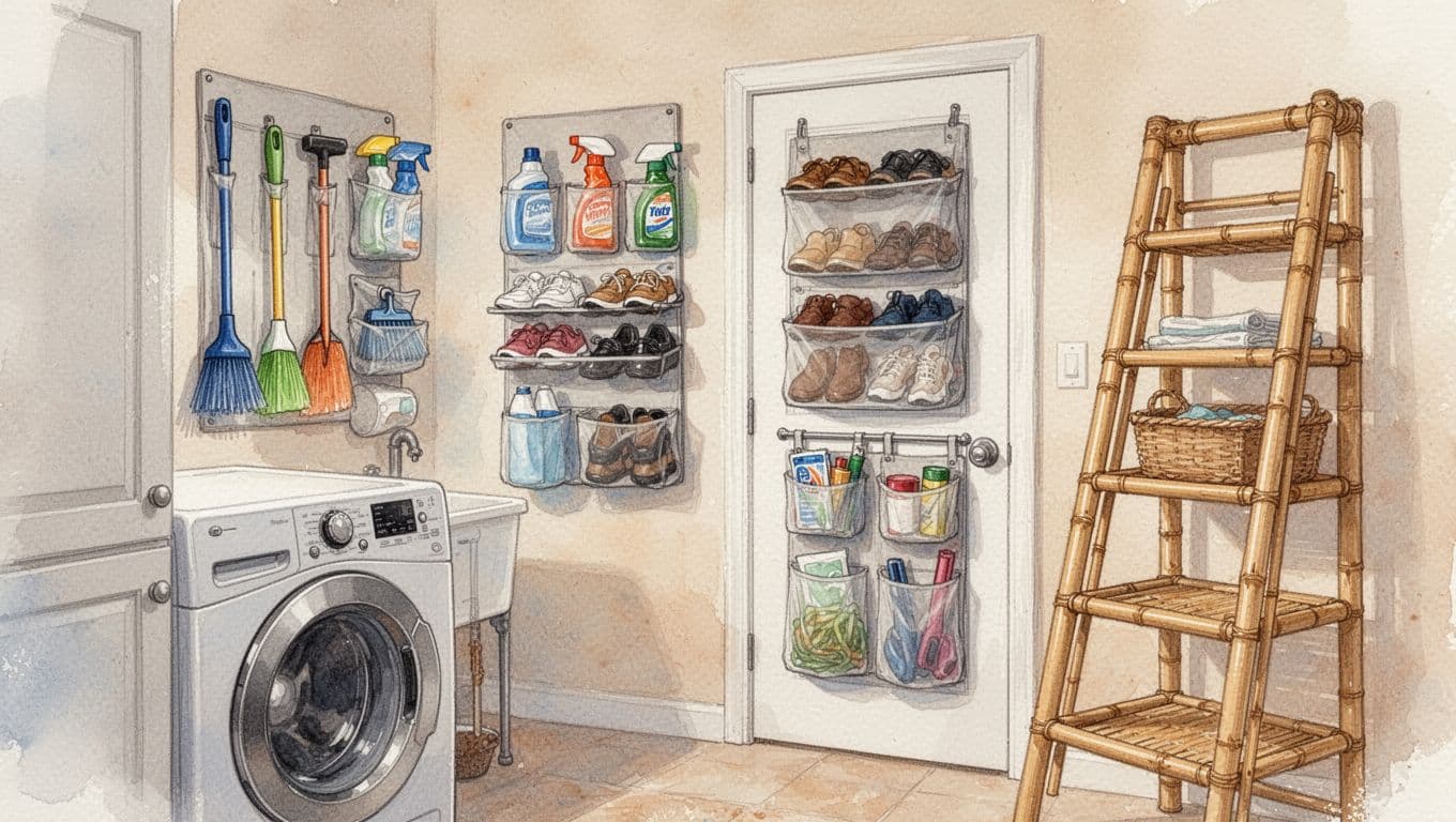 Watercolor illustration of a compact home laundry room with wall-mounted magnetic caddies for cleaning tools, shoe racks, over-door pockets, and a nearby bamboo ladder shelf, emphasizing space-saving vertical organization in warm earth tones.