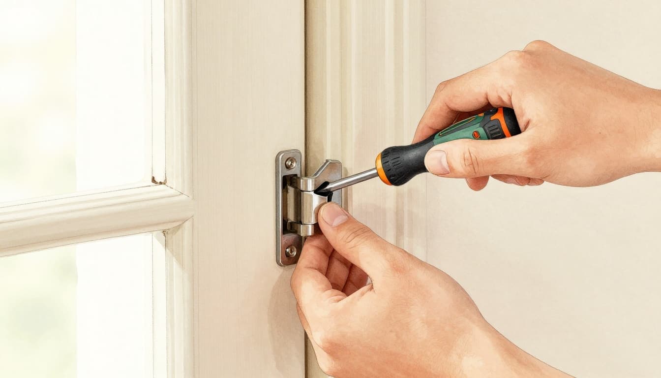 Close-up of a person's hands naturally using a screwdriver to tighten loose screws on a wooden interior door hinge in a bright home hallway with soft morning light, watercolor style featuring soft blending, visible brush texture, and pale beige tones.