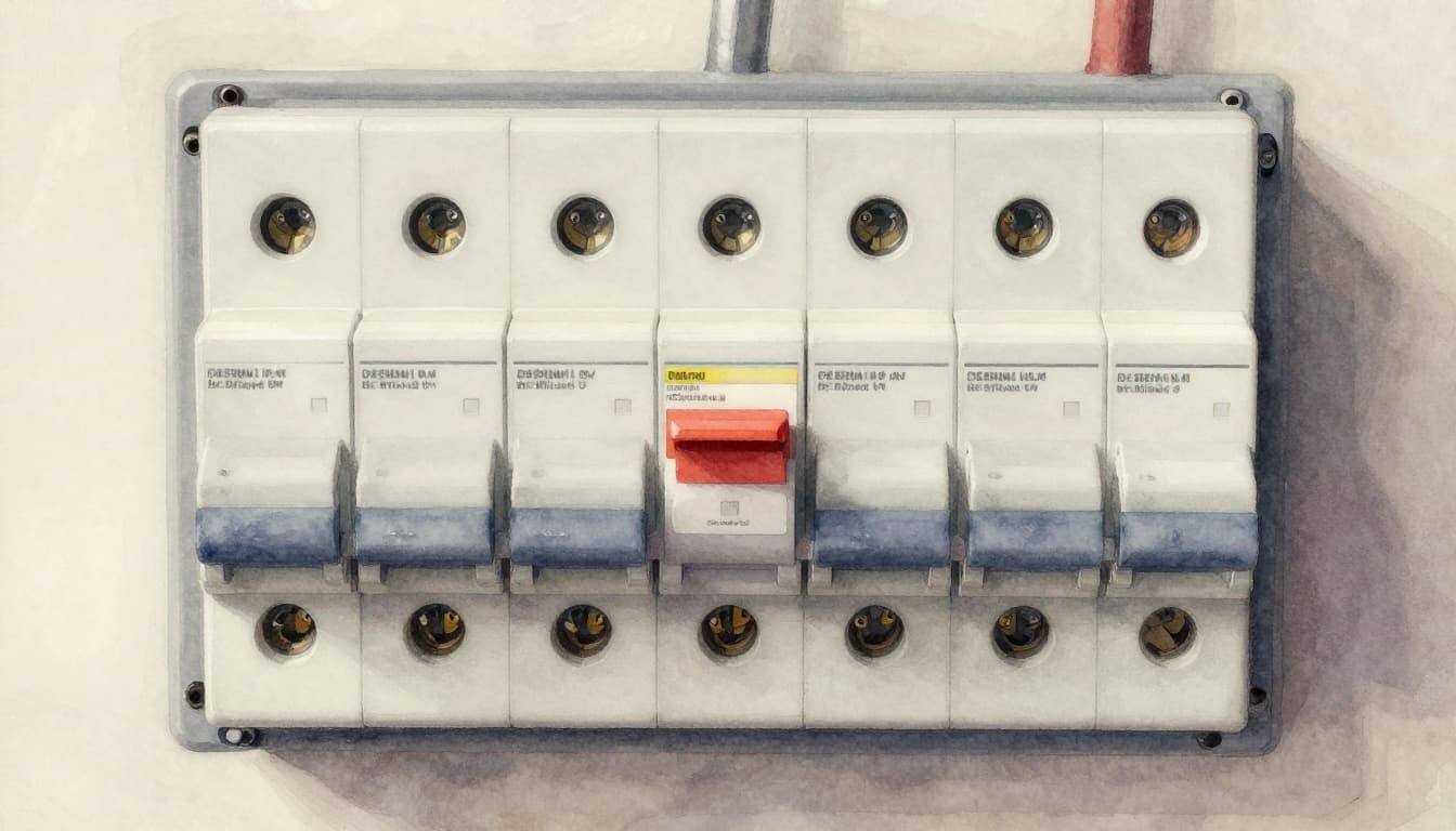 Close-up watercolor view of an open residential breaker panel in a dimly lit garage, featuring one tripped breaker handle amid others.