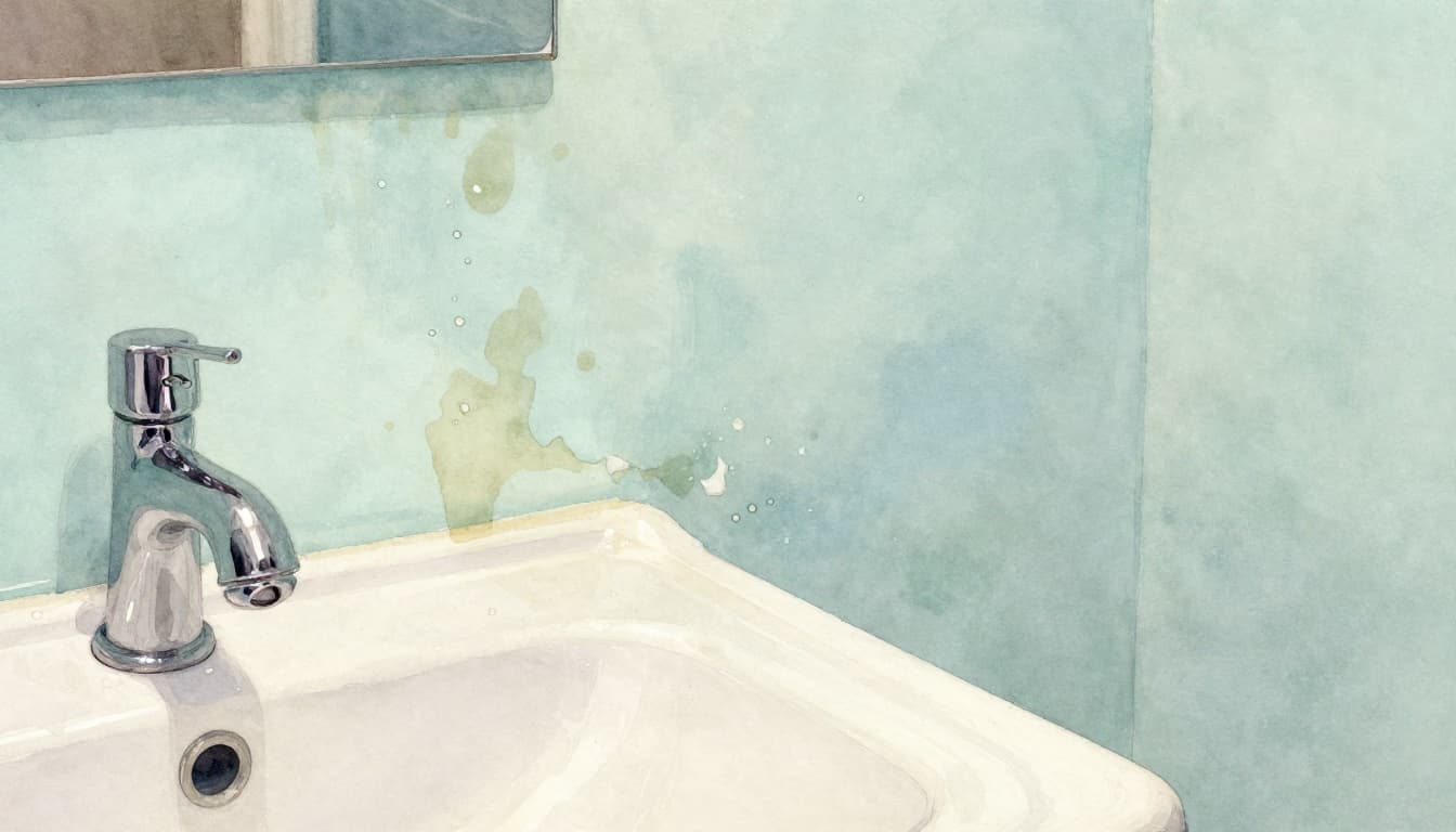 Watercolor painting in soft blending with visible brush texture depicting a cozy home bathroom with damp stains on the wall and bubbling paint near the sink, under warm indoor lighting in a close-up composition on the affected area, using a consistent pale blue-green palette.