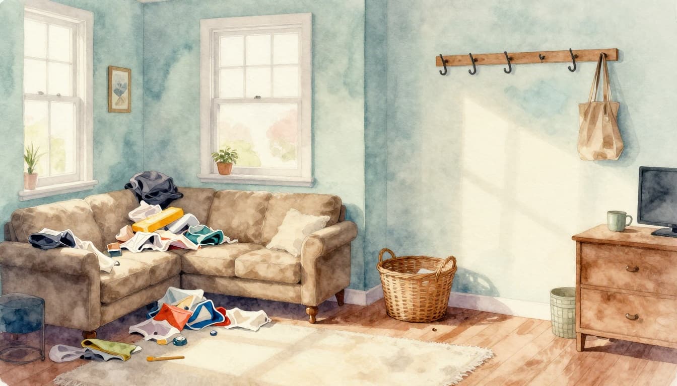 Watercolor-style split composition of a cozy living room corner: left side cluttered with piles, right side clean and organized with hooks and one basket, soft blending, natural light, pale blue-green tones, no people or text.