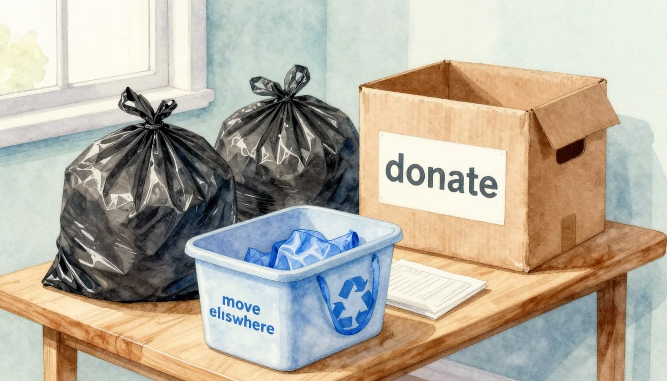 Watercolor style top-down view of a wooden table in a cozy room with soft natural light, featuring a stack of black trash bags, labeled 'donate' box, blue recycle bag, and 'move elsewhere' bin.