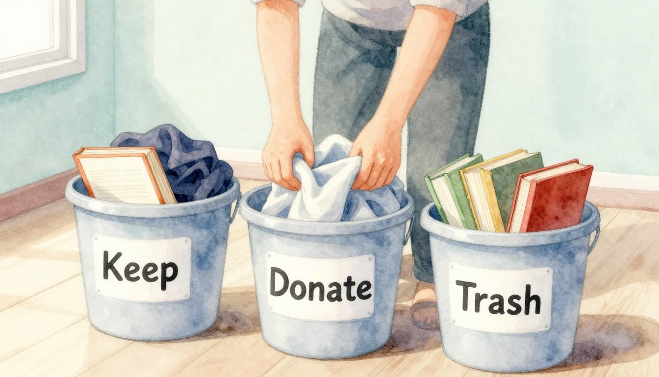 In soft watercolor style, a person sorts clothes and books into labeled keep, donate, and trash bins on a bedroom floor, viewed from side angle with afternoon light.