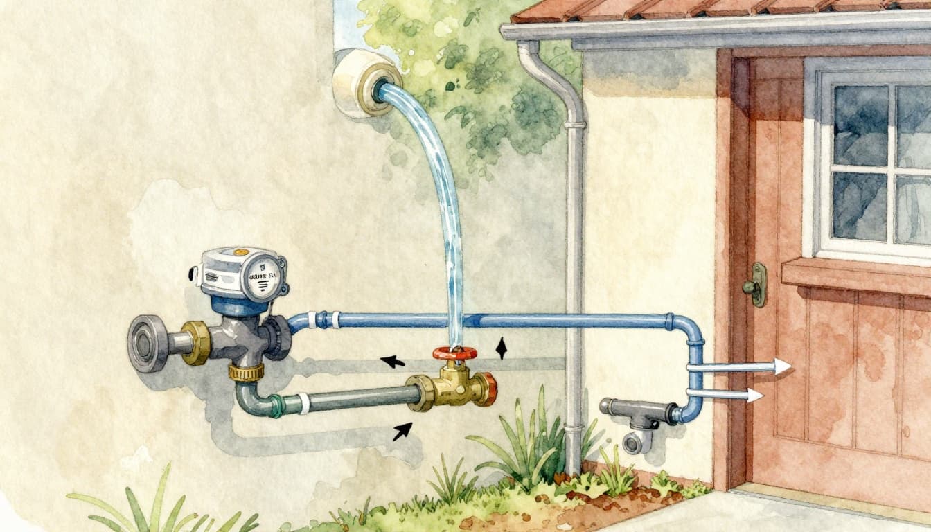 Watercolor illustration depicting fresh water flowing from the street main pipe into a cozy suburban house, passing through the meter and shutoff valve, then branching to cold and hot lines toward the faucet and water heater. Cutaway view of the home exterior and interior with arrows showing flow direction, soft natural lighting, and visible brush textures.