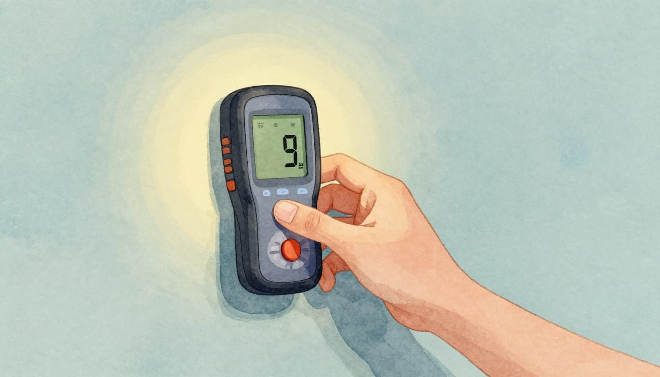 Watercolor illustration of a handheld moisture meter scanning a living room wall, digital readout showing high moisture levels, warm lamp light, side view.