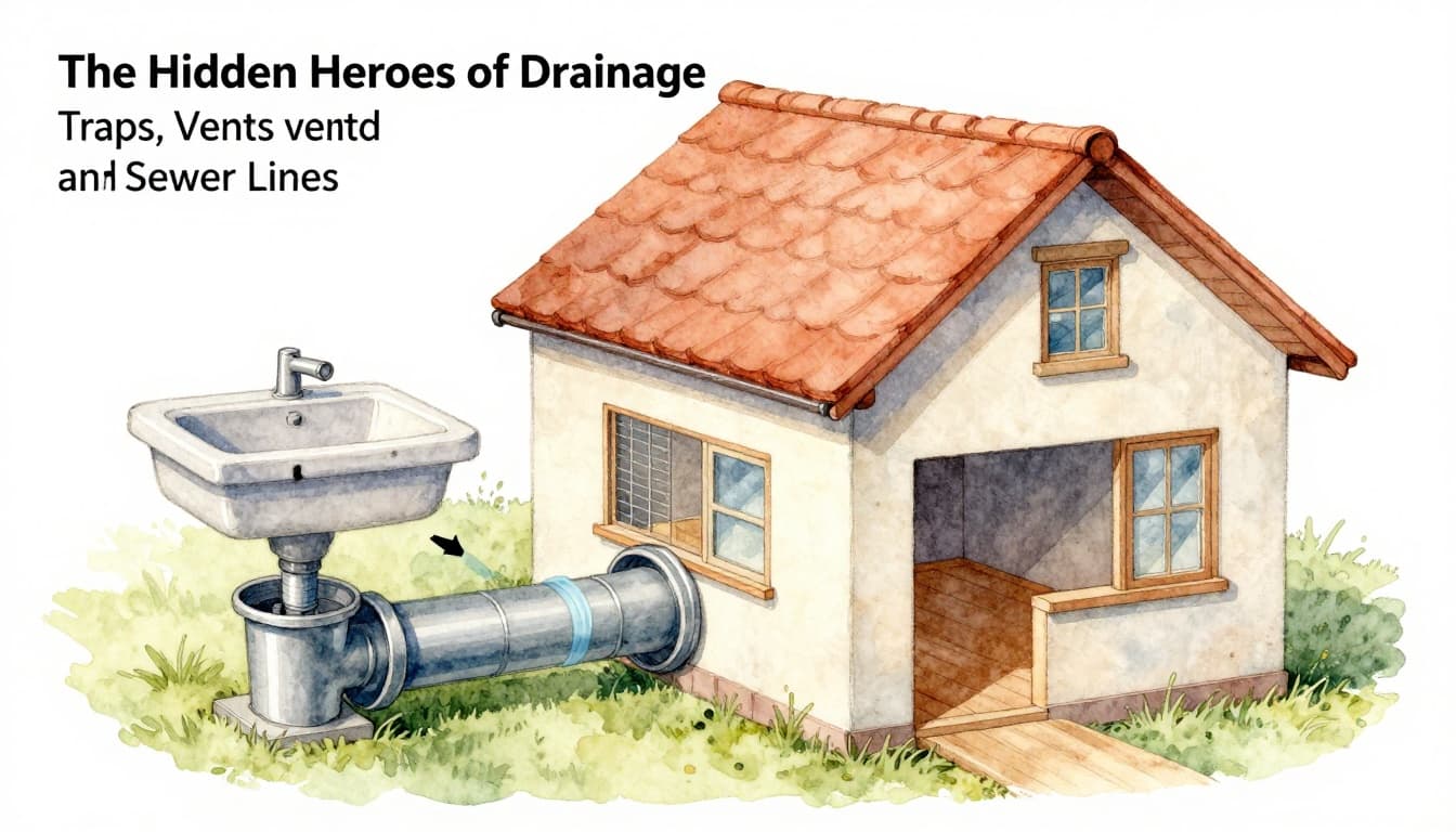Watercolor diagram of a home drainage system featuring a P-trap under the sink, vent pipe to the roof, and main sewer line to the street in a cutaway house view showing gravity flow with arrows.