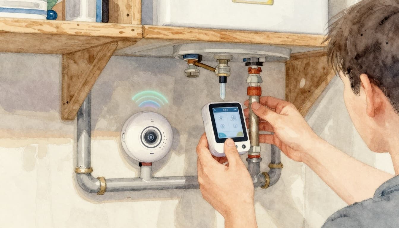 Watercolor scene in a garage workshop showing home plumbing maintenance with insulated pipes, smart leak detector displaying app alert, and water heater flushing; a person inspects from behind.