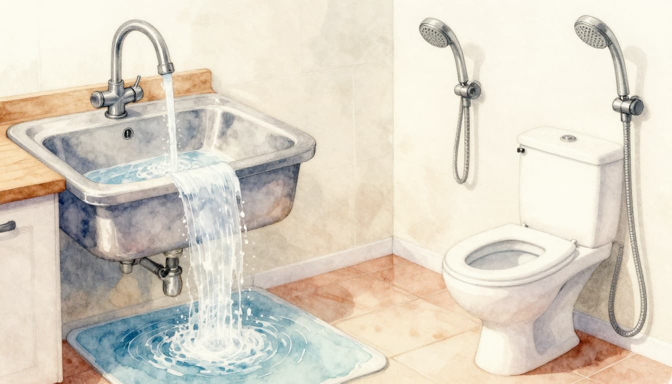 Watercolor style illustration of a kitchen sink faucet mixing hot and cold water, nearby toilet, and shower head in a clean home setting, with focus on water flowing out and draining.