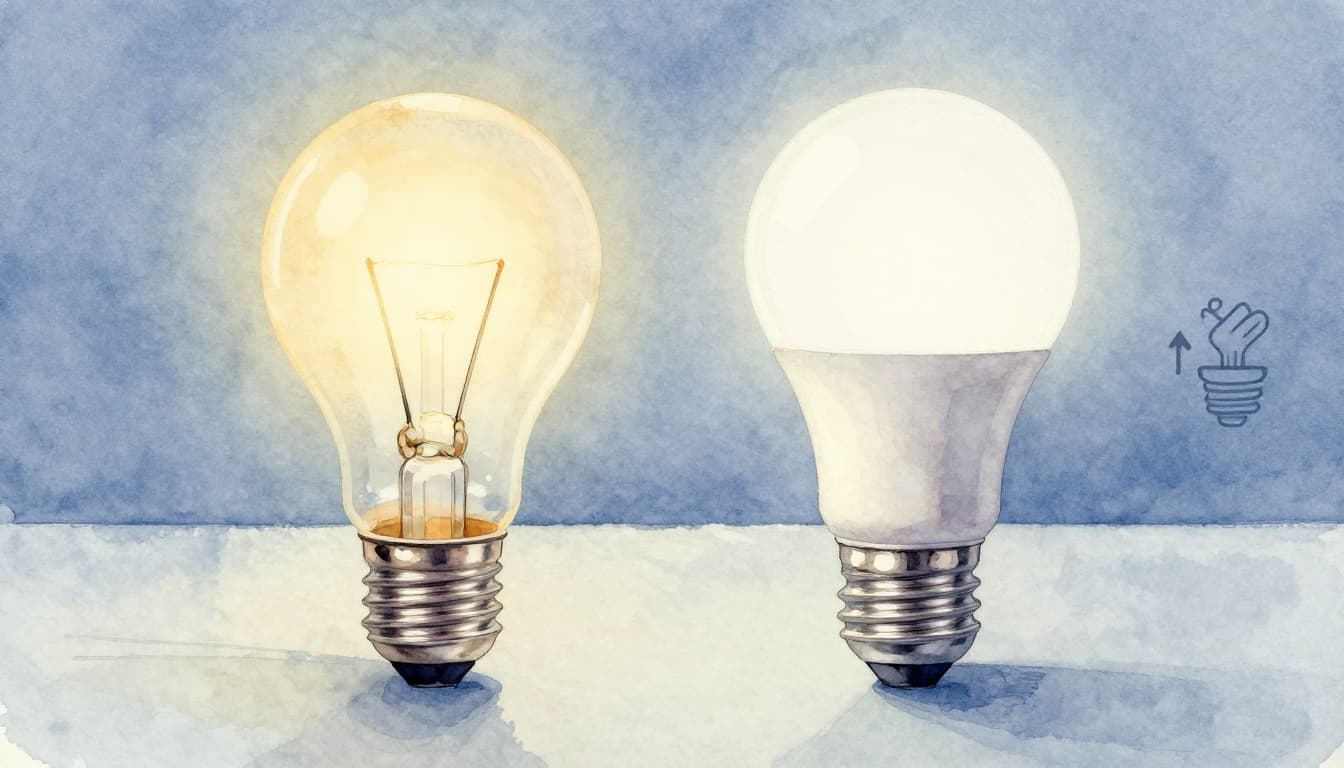 Watercolor style comparison of old incandescent bulb and modern LED bulb side by side on a table, glowing softly with implied energy savings icons on a pale blue background.
