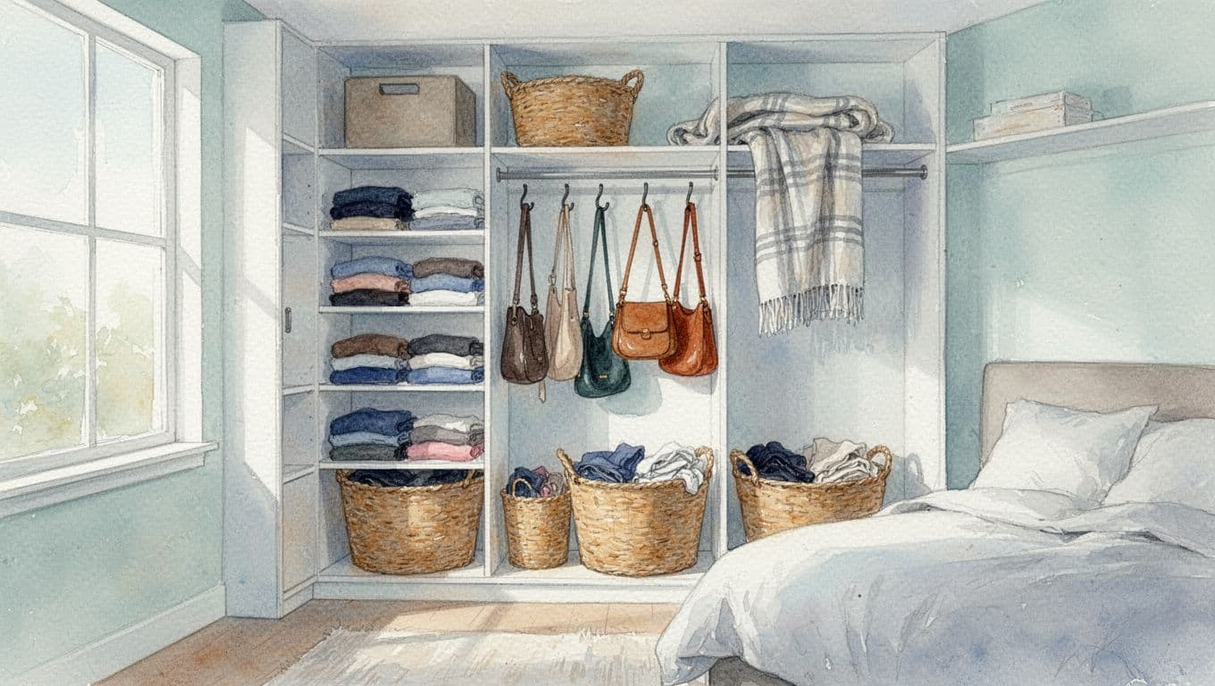 Neatly organized bedroom closet in watercolor style with open shelves holding folded clothes in baskets, hooks for bags, airy minimal design, and soft morning light.