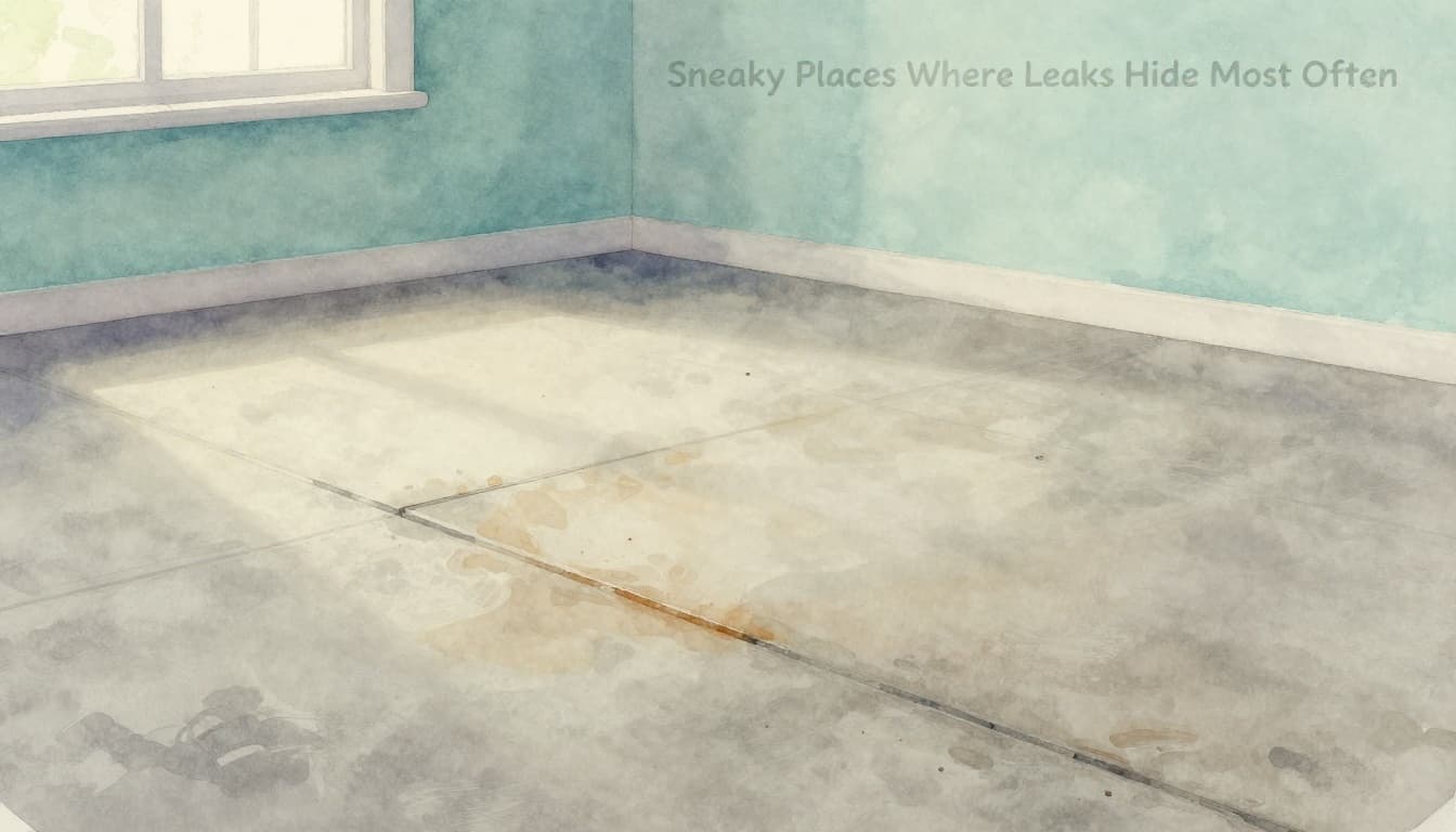 Watercolor painting of a concrete slab floor in an empty home room, featuring a subtle warm wet patch and buckling edge, overhead view with soft natural light and pale blue-green palette.